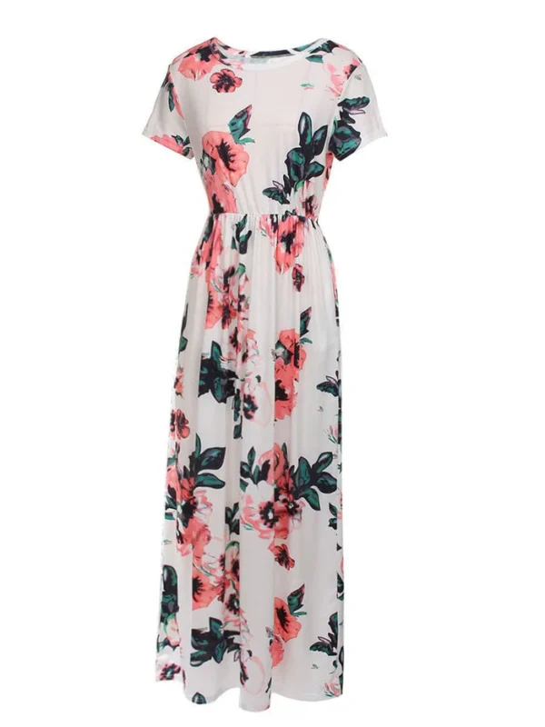 Fascinating White Plus Floral Long Dress Round Collar Comfort Women